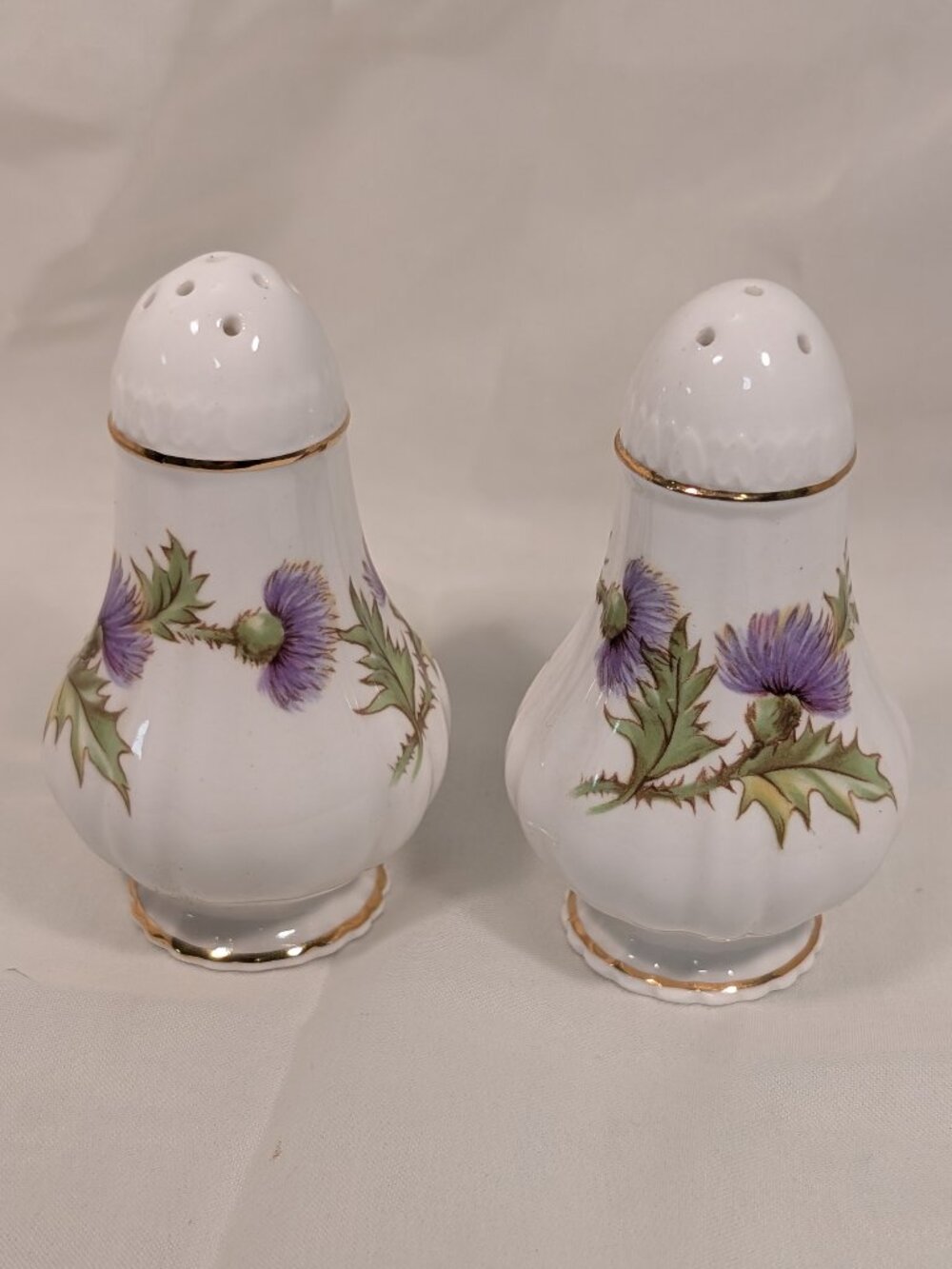 Vintage Scottish Thistle Paragon Salt Pepper Shakers Fine Bone China Gold Trim